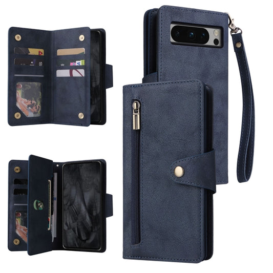 For Google Pixel 8 Pro Rivet Buckle 9 Cards Three Fold Leather Phone Case(Blue) by buy2fix