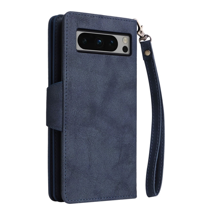For Google Pixel 8 Pro Rivet Buckle 9 Cards Three Fold Leather Phone Case(Blue) by buy2fix