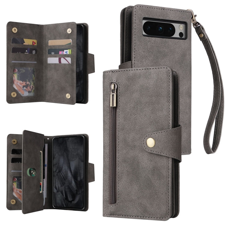 For Google Pixel 8 Pro Rivet Buckle 9 Cards Three Fold Leather Phone Case(Grey) by buy2fix
