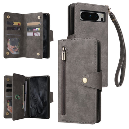 For Google Pixel 8 Pro Rivet Buckle 9 Cards Three Fold Leather Phone Case(Grey) by buy2fix