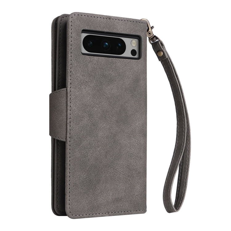 For Google Pixel 8 Pro Rivet Buckle 9 Cards Three Fold Leather Phone Case(Grey) by buy2fix