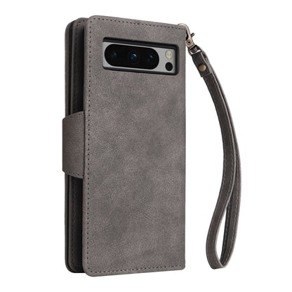 For Google Pixel 8 Pro Rivet Buckle 9 Cards Three Fold Leather Phone Case(Grey) by buy2fix