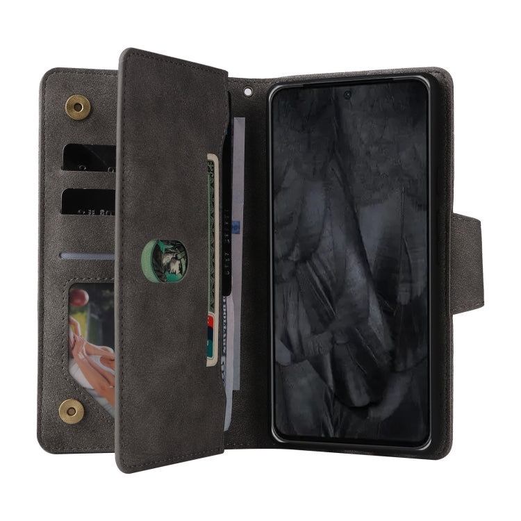 For Google Pixel 8 Pro Rivet Buckle 9 Cards Three Fold Leather Phone Case(Grey) by buy2fix