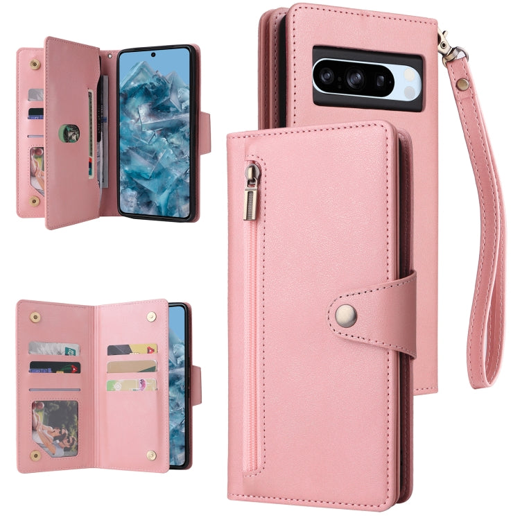 For Google Pixel 8a Rivet Buckle 9 Cards Three Fold Leather Phone Case(Rose Gold) by buy2fix