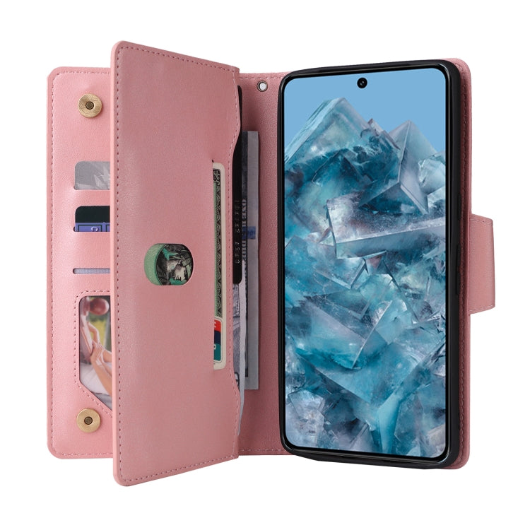 For Google Pixel 8a Rivet Buckle 9 Cards Three Fold Leather Phone Case(Rose Gold) by buy2fix