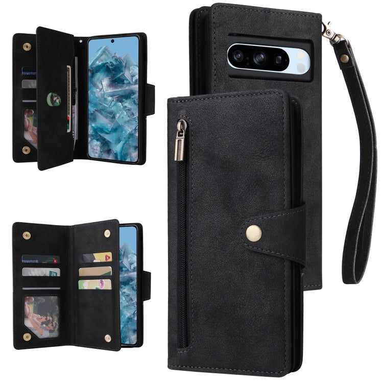For Google Pixel 8a Rivet Buckle 9 Cards Three Fold Leather Phone Case(Black) by buy2fix
