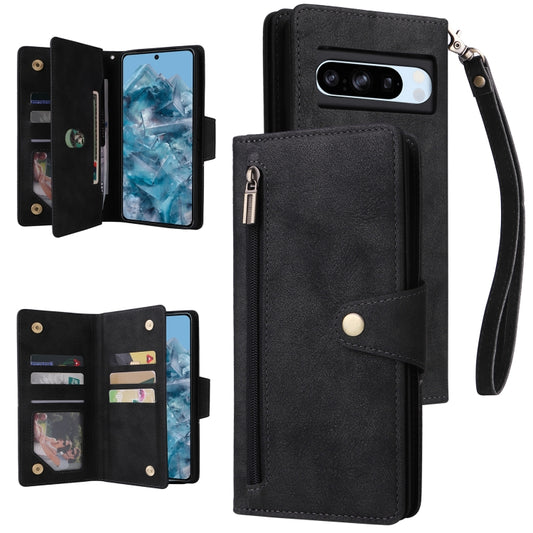 For Google Pixel 8a Rivet Buckle 9 Cards Three Fold Leather Phone Case(Black) by buy2fix