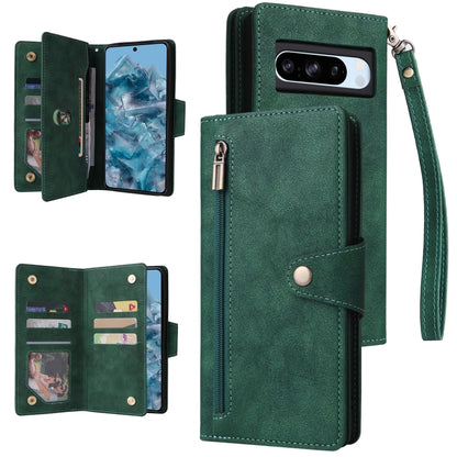 For Google Pixel 8a Rivet Buckle 9 Cards Three Fold Leather Phone Case(Green) by buy2fix