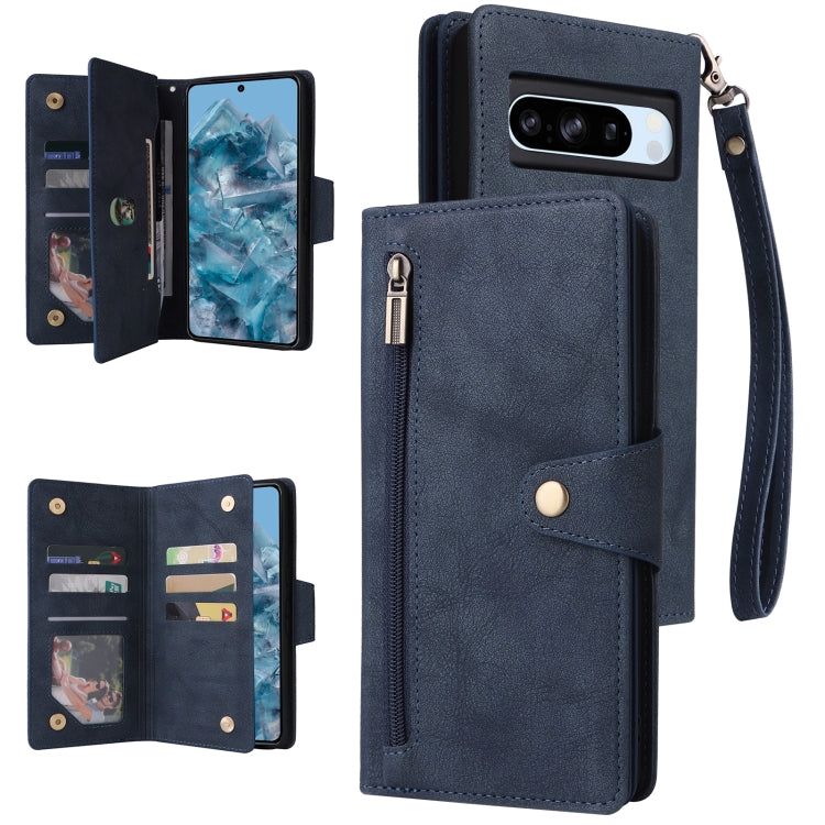 For Google Pixel 8a Rivet Buckle 9 Cards Three Fold Leather Phone Case(Blue) by buy2fix