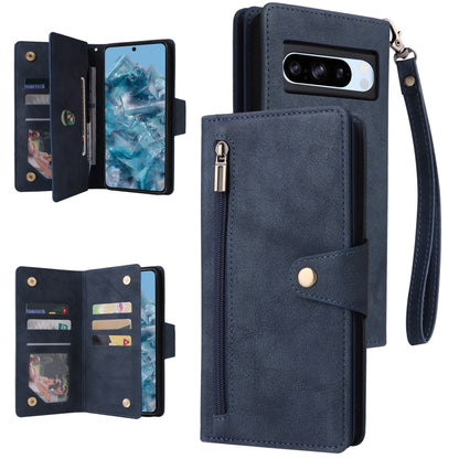For Google Pixel 8a Rivet Buckle 9 Cards Three Fold Leather Phone Case(Blue) by buy2fix