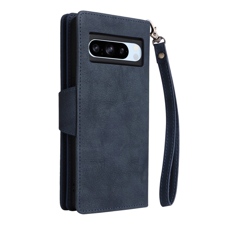 For Google Pixel 8a Rivet Buckle 9 Cards Three Fold Leather Phone Case(Blue) by buy2fix