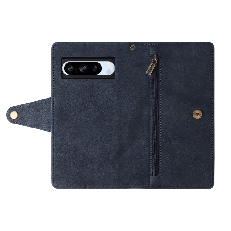 For Google Pixel 8a Rivet Buckle 9 Cards Three Fold Leather Phone Case(Blue) by buy2fix