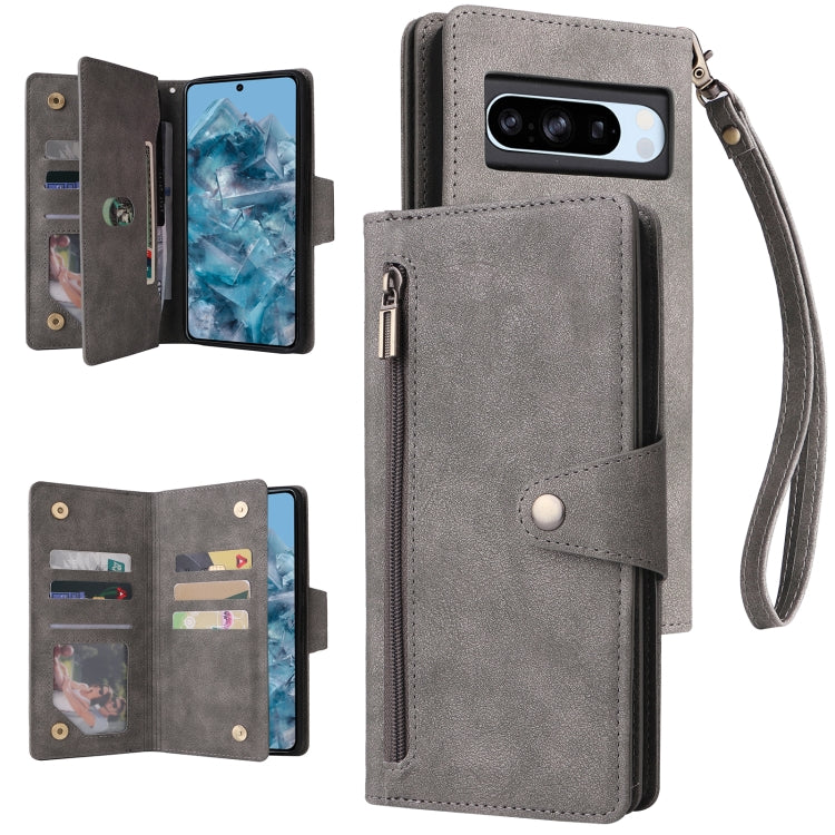 For Google Pixel 8a Rivet Buckle 9 Cards Three Fold Leather Phone Case(Grey) by buy2fix