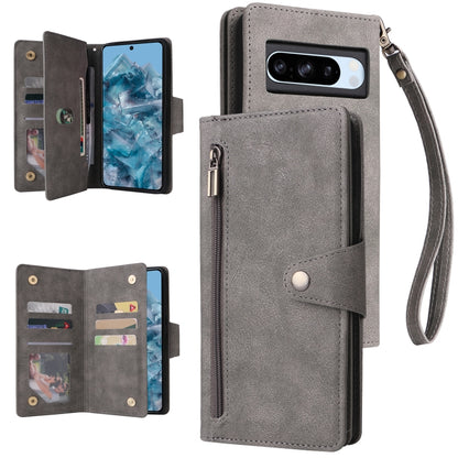 For Google Pixel 8a Rivet Buckle 9 Cards Three Fold Leather Phone Case(Grey) by buy2fix