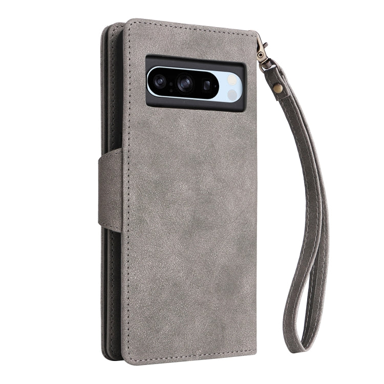 For Google Pixel 8a Rivet Buckle 9 Cards Three Fold Leather Phone Case(Grey) by buy2fix
