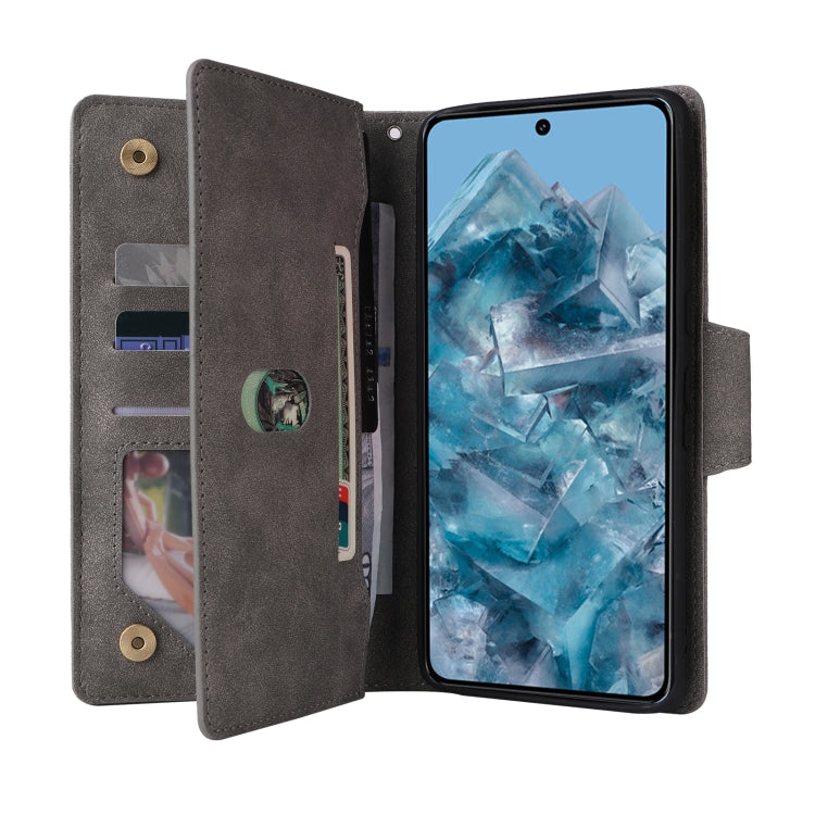 For Google Pixel 8a Rivet Buckle 9 Cards Three Fold Leather Phone Case(Grey) by buy2fix