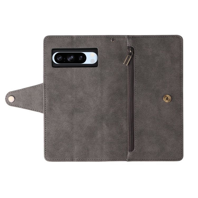 For Google Pixel 8a Rivet Buckle 9 Cards Three Fold Leather Phone Case(Grey) by buy2fix
