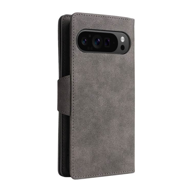 For Google Pixel 9 Pro Rivet Buckle 9 Cards Three Fold Leather Phone Case(Grey) - Google Cases by buy2fix | Online Shopping UK | buy2fix