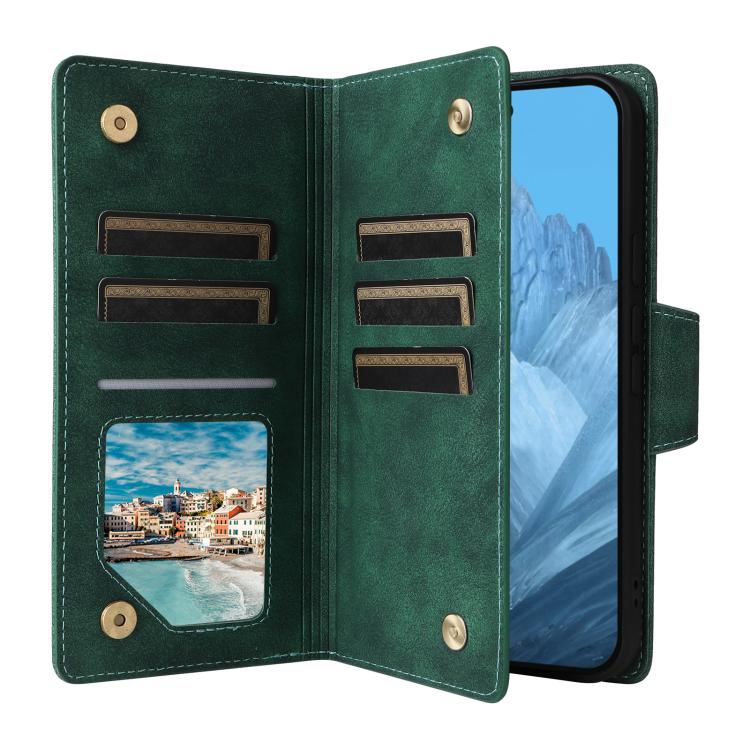 For Google Pixel 10 / 10 Pro Rivet Buckle 9 Cards Three Fold Leather Phone Case(Green) - Google Cases by buy2fix | Online Shopping UK | buy2fix