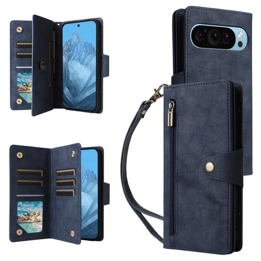 For Google Pixel 10 / 10 Pro Rivet Buckle 9 Cards Three Fold Leather Phone Case(Blue) - Google Cases by buy2fix | Online Shopping UK | buy2fix
