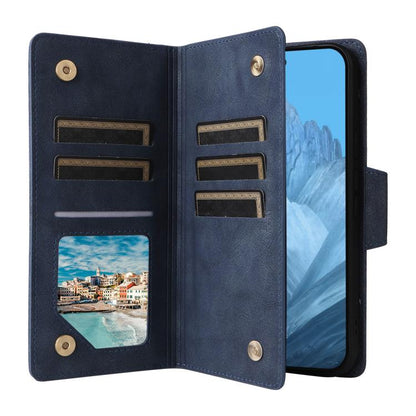 For Google Pixel 10 / 10 Pro Rivet Buckle 9 Cards Three Fold Leather Phone Case(Blue) - Google Cases by buy2fix | Online Shopping UK | buy2fix