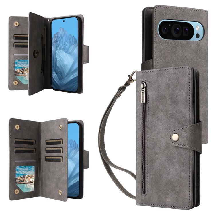 For Google Pixel 10 / 10 Pro Rivet Buckle 9 Cards Three Fold Leather Phone Case(Grey) - Google Cases by buy2fix | Online Shopping UK | buy2fix