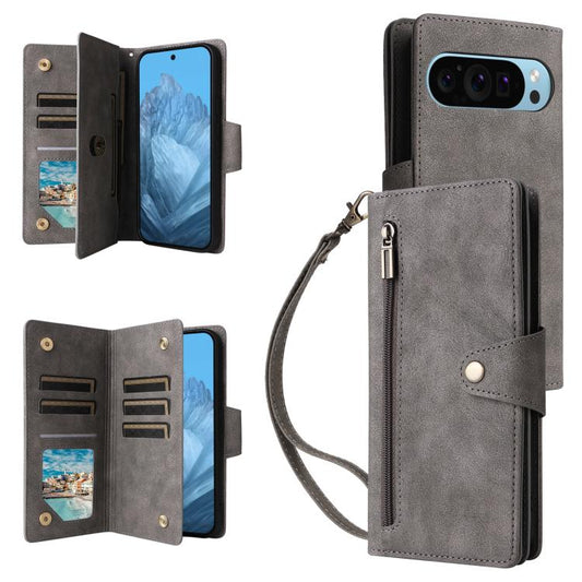 For Google Pixel 10 / 10 Pro Rivet Buckle 9 Cards Three Fold Leather Phone Case(Grey) - Google Cases by buy2fix | Online Shopping UK | buy2fix