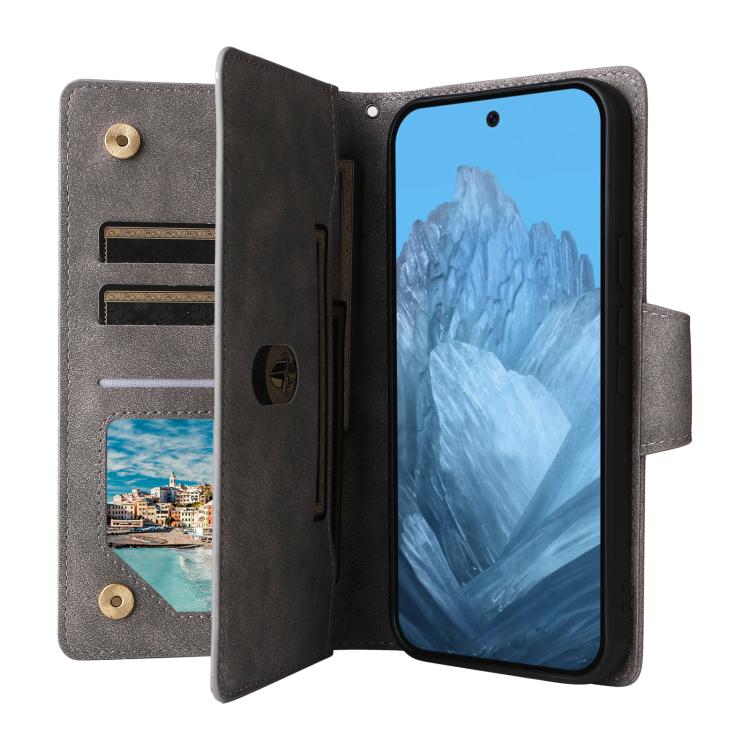For Google Pixel 10 / 10 Pro Rivet Buckle 9 Cards Three Fold Leather Phone Case(Grey) - Google Cases by buy2fix | Online Shopping UK | buy2fix