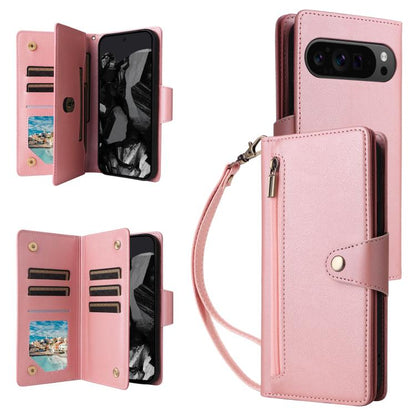 For Google Pixel 10 Pro XL / 9 Pro XL Rivet Buckle 9 Cards Three Fold Leather Phone Case(Rose Gold) - Google Cases by buy2fix | Online Shopping UK | buy2fix