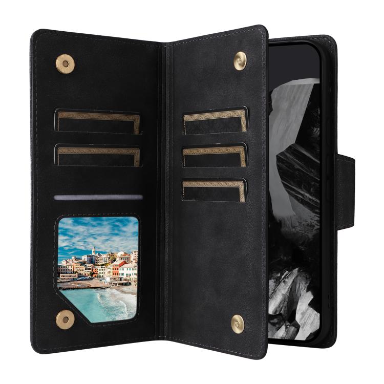 For Google Pixel 10 Pro XL / 9 Pro XL Rivet Buckle 9 Cards Three Fold Leather Phone Case(Black) - Google Cases by buy2fix | Online Shopping UK | buy2fix