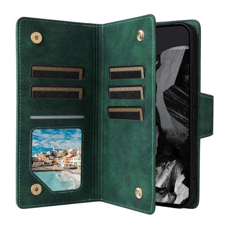 For Google Pixel 10 Pro XL / 9 Pro XL Rivet Buckle 9 Cards Three Fold Leather Phone Case(Green) - Google Cases by buy2fix | Online Shopping UK | buy2fix