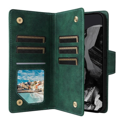 For Google Pixel 10 Pro XL / 9 Pro XL Rivet Buckle 9 Cards Three Fold Leather Phone Case(Green) - Google Cases by buy2fix | Online Shopping UK | buy2fix