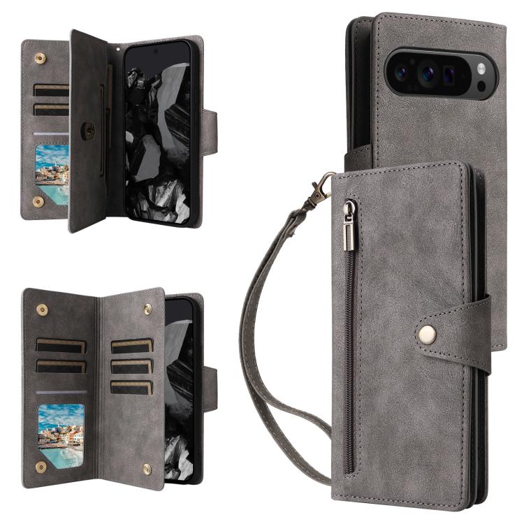 For Google Pixel 10 Pro XL / 9 Pro XL Rivet Buckle 9 Cards Three Fold Leather Phone Case(Grey) - Google Cases by buy2fix | Online Shopping UK | buy2fix
