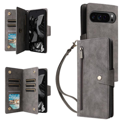 For Google Pixel 10 Pro XL / 9 Pro XL Rivet Buckle 9 Cards Three Fold Leather Phone Case(Grey) - Google Cases by buy2fix | Online Shopping UK | buy2fix