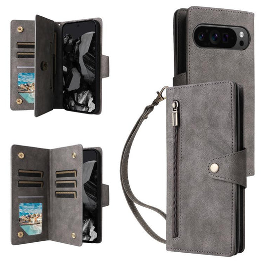 For Google Pixel 10 Pro XL / 9 Pro XL Rivet Buckle 9 Cards Three Fold Leather Phone Case(Grey) - Google Cases by buy2fix | Online Shopping UK | buy2fix