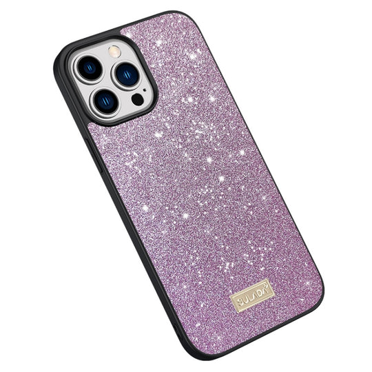 For iPhone 15 Pro SULADA Glittery PC Hybrid TPU Handmade Leather Phone Case(Purple)