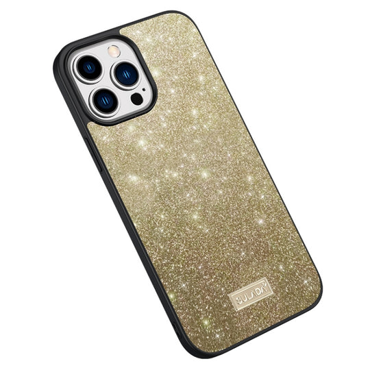 For iPhone 15 Pro SULADA Glittery PC Hybrid TPU Handmade Leather Phone Case(Gold)