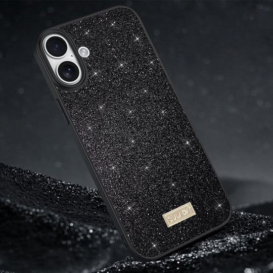 For iPhone 16 Plus SULADA Glittery PC Hybrid TPU Handmade Leather Phone Case(Black)