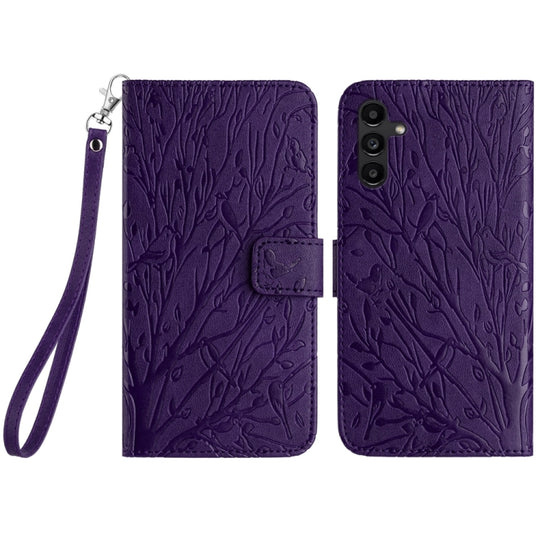 For Samsung Galaxy A24 4G / A25 Tree Birds Embossed Pattern Leather Phone Case(Purple)