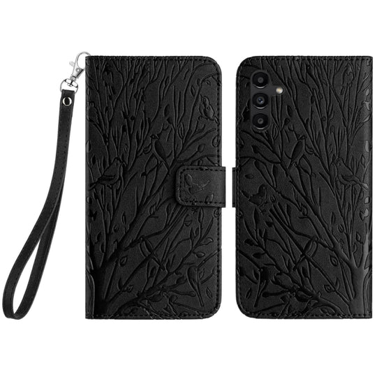 For Samsung Galaxy A24 4G / A25 Tree Birds Embossed Pattern Leather Phone Case(Black)