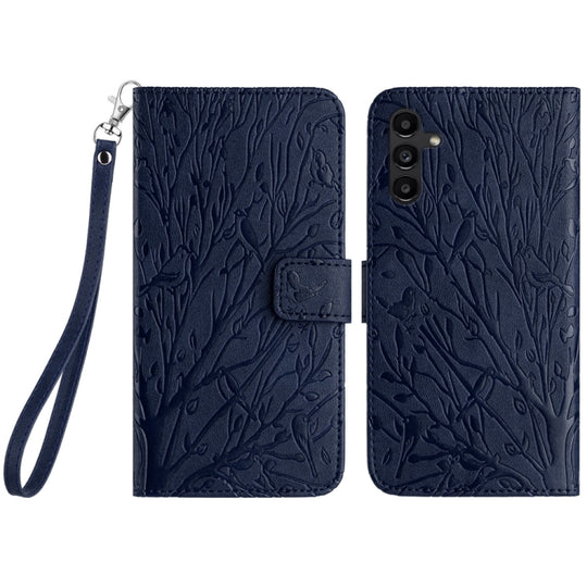 For Samsung Galaxy A24 4G / A25 Tree Birds Embossed Pattern Leather Phone Case(Blue)