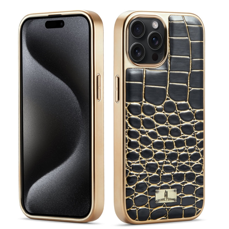 For iPhone 15 Pro Max Fierre Shann Crocodile Texture Electroplating PU Phone Case(Black) by FIERRE SHANN