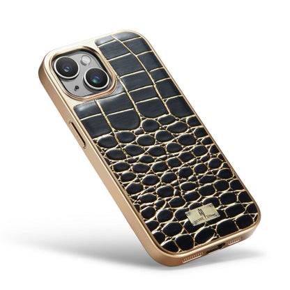 For iPhone 15 Plus Fierre Shann Crocodile Texture Electroplating PU Phone Case(Black) - iPhone 15 Plus Cases by FIERRE SHANN | Online Shopping UK | buy2fix