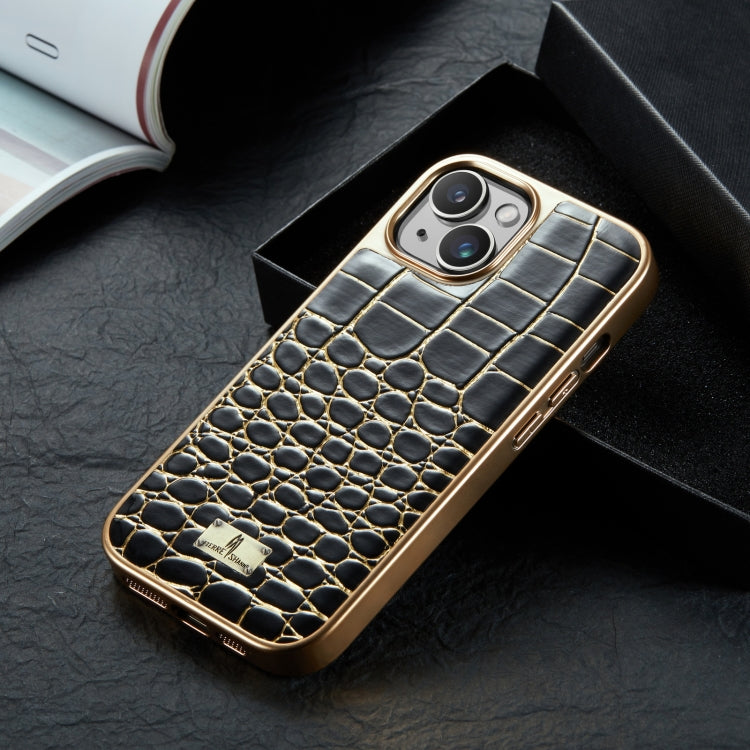 For iPhone 15 Plus Fierre Shann Crocodile Texture Electroplating PU Phone Case(Black) - iPhone 15 Plus Cases by FIERRE SHANN | Online Shopping UK | buy2fix
