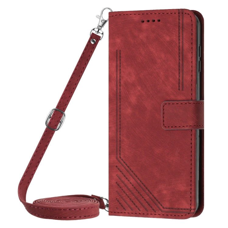 For Motorola Moto G Play 2024 Skin Feel Stripe Pattern Leather Phone Case with Lanyard(Red) by buy2fix