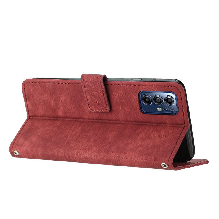 For Motorola Moto G Play 2024 Skin Feel Stripe Pattern Leather Phone Case with Lanyard(Red) by buy2fix