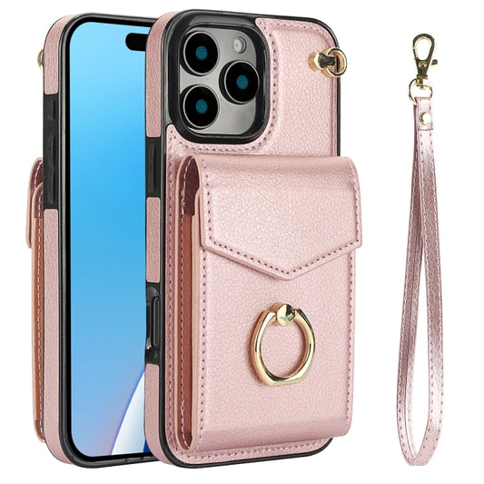 For iPhone 16 Pro Max Ring Holder RFID Card Slot Phone Case(Rose Gold) by buy2fix