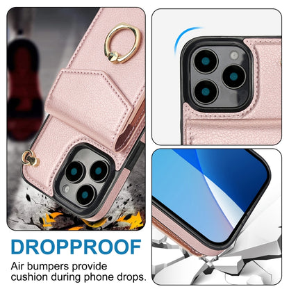 For iPhone 16 Pro Max Ring Holder RFID Card Slot Phone Case(Rose Gold) by buy2fix