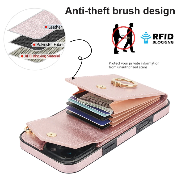 For iPhone 16 Pro Max Ring Holder RFID Card Slot Phone Case(Rose Gold) by buy2fix