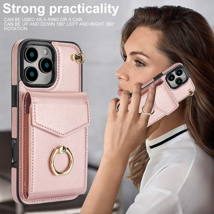 For iPhone 16 Pro Max Ring Holder RFID Card Slot Phone Case(Rose Gold) by buy2fix